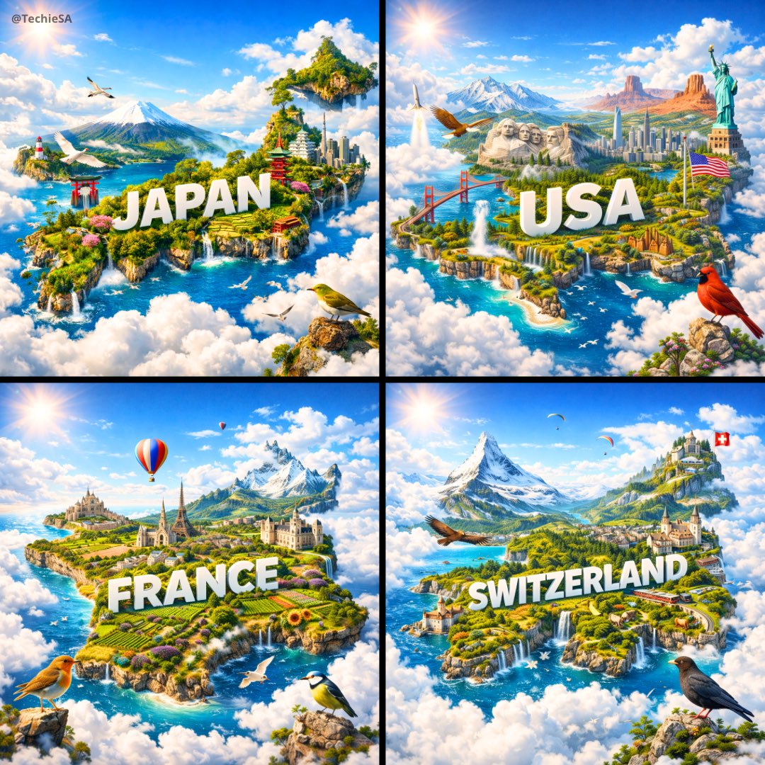 Create an ultra-HD, hyper-realistic digital poster of a floating miniature island shaped like [COUN…