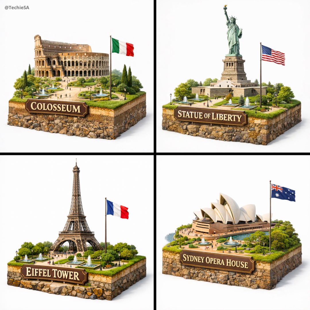 Create a hyper-realistic 3D diorama-style model of [LANDMARK NAME]. The model should appear as a mi…