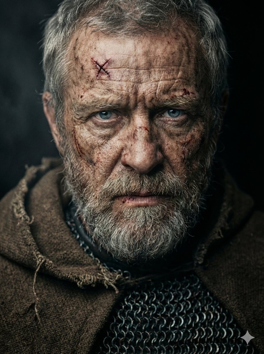 A hyper-realistic, cinematic close-up portrait of a battle-hardened, elderly medieval warrior, faci…