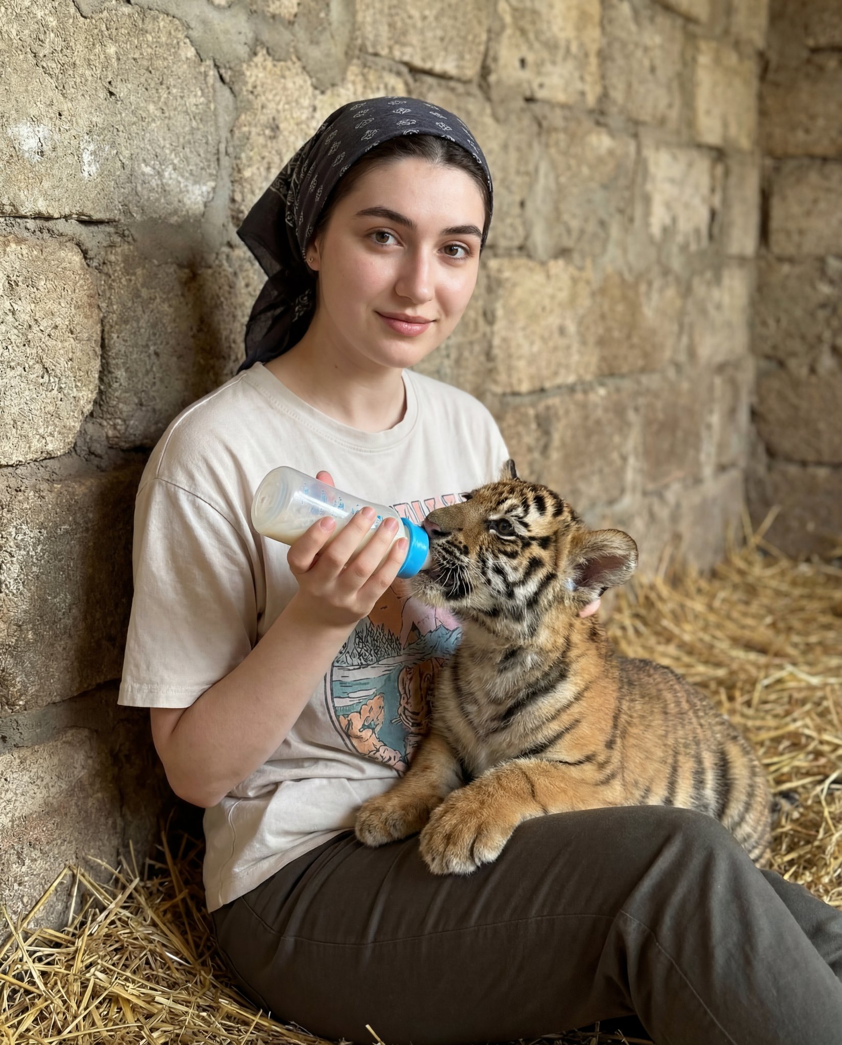 { "scene_type": "lifestyle portrait with animal interaction", "composition": { "framing": "medium s…