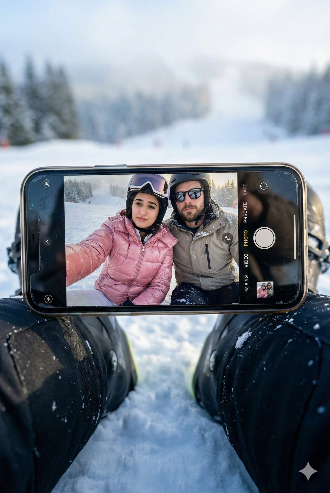 Create a hyper-realistic winter scene in a vertical 3:4 aspect ratio with cinematic realism and nat…