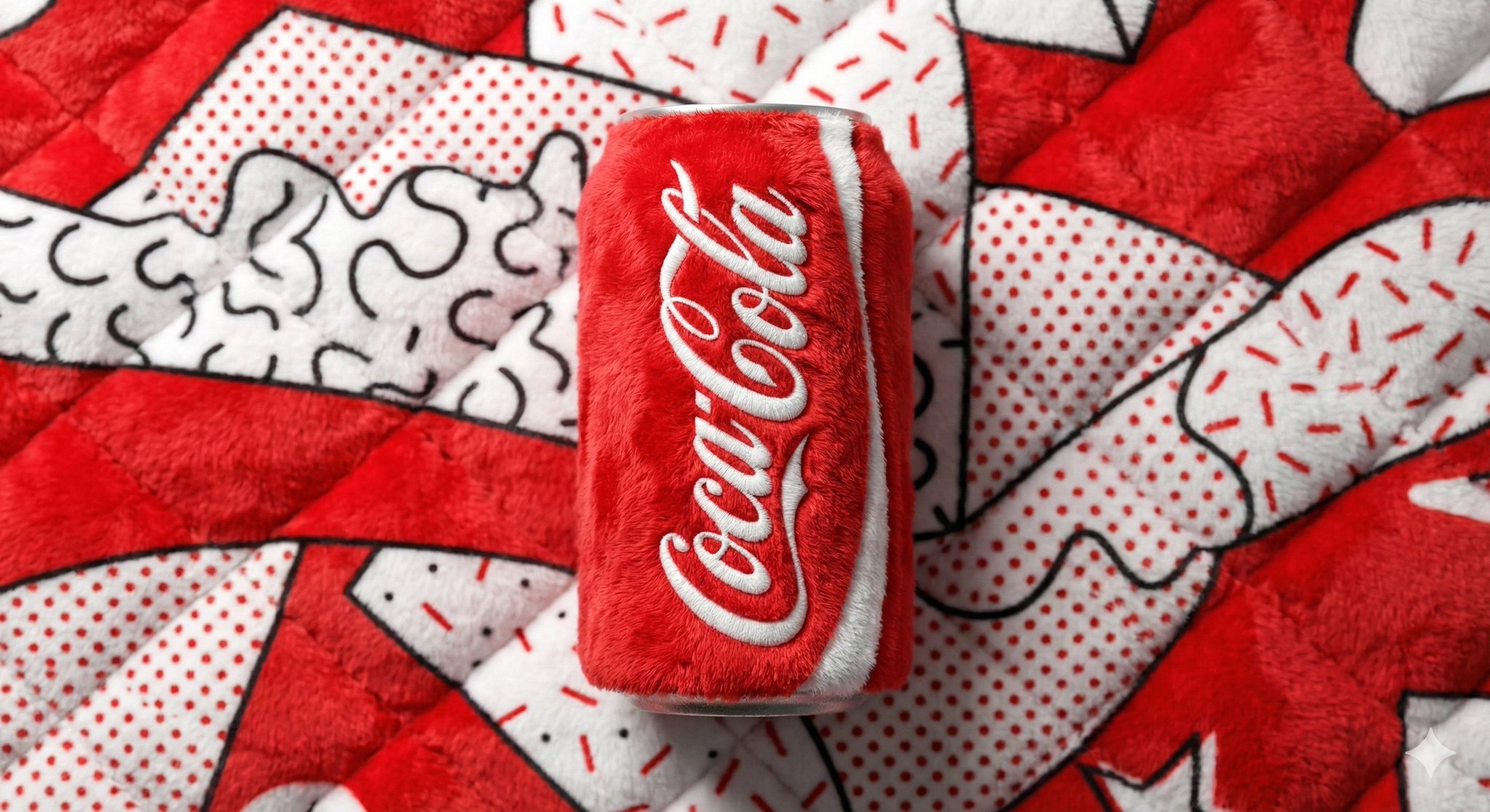 A beverage can branded [BRAND NAME], entirely made from vibrant, fluffy plush fabric, positioned ce…