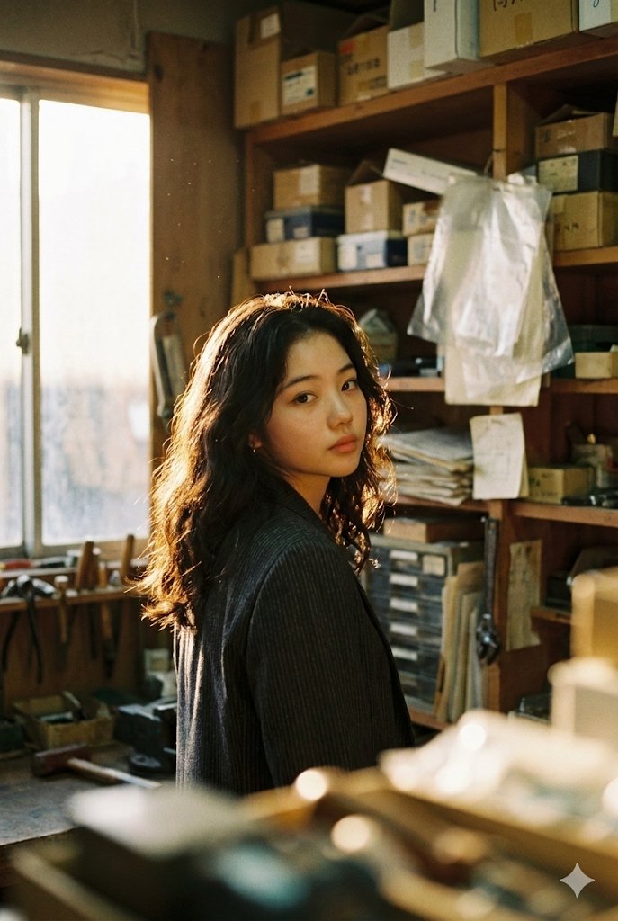 { "subject": { "description": "Young East Asian woman, positioned in profile turning to look back a…