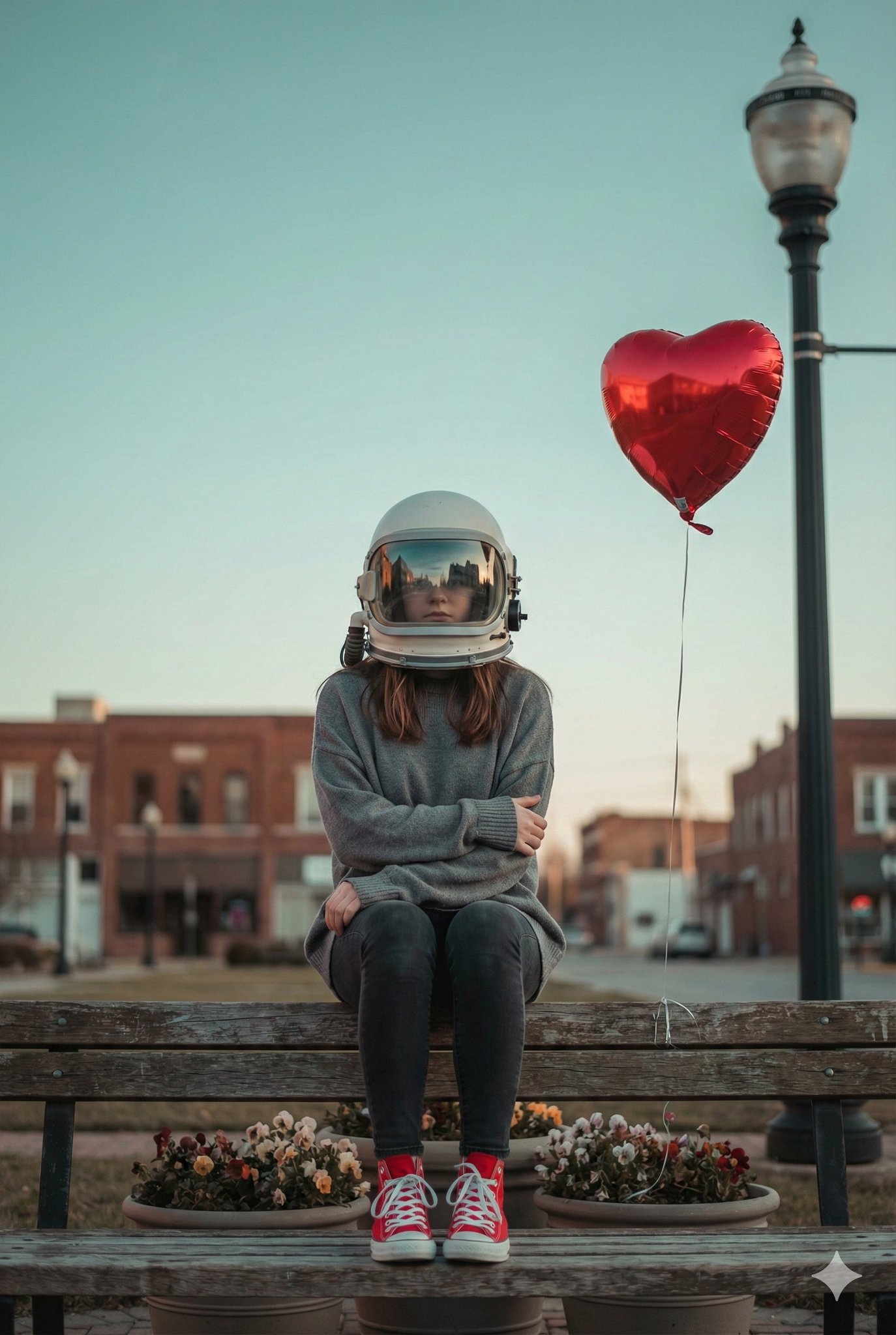 young person seated on a wooden park bench wearing an astronaut helmet