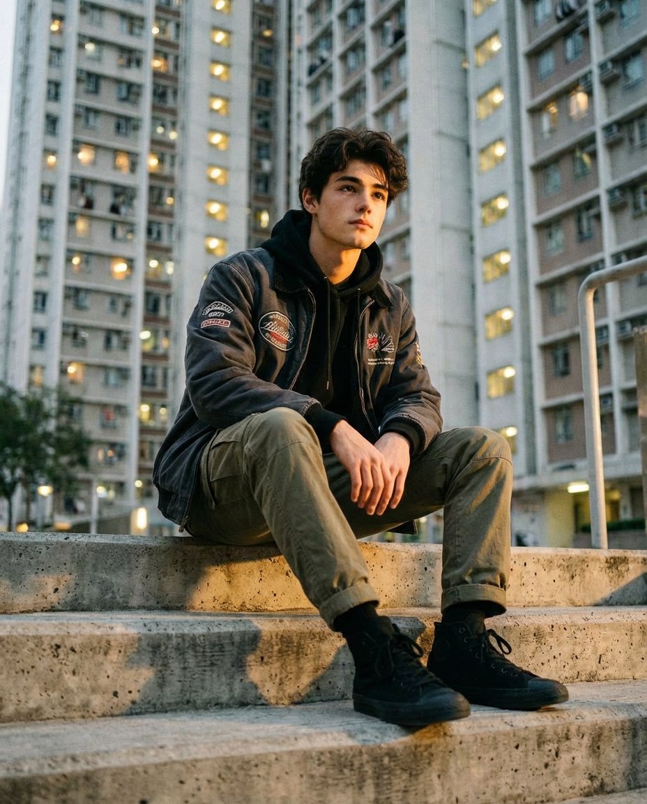 A stylish young man sitting confidently on raw concrete steps inside a dense urban housing complex …