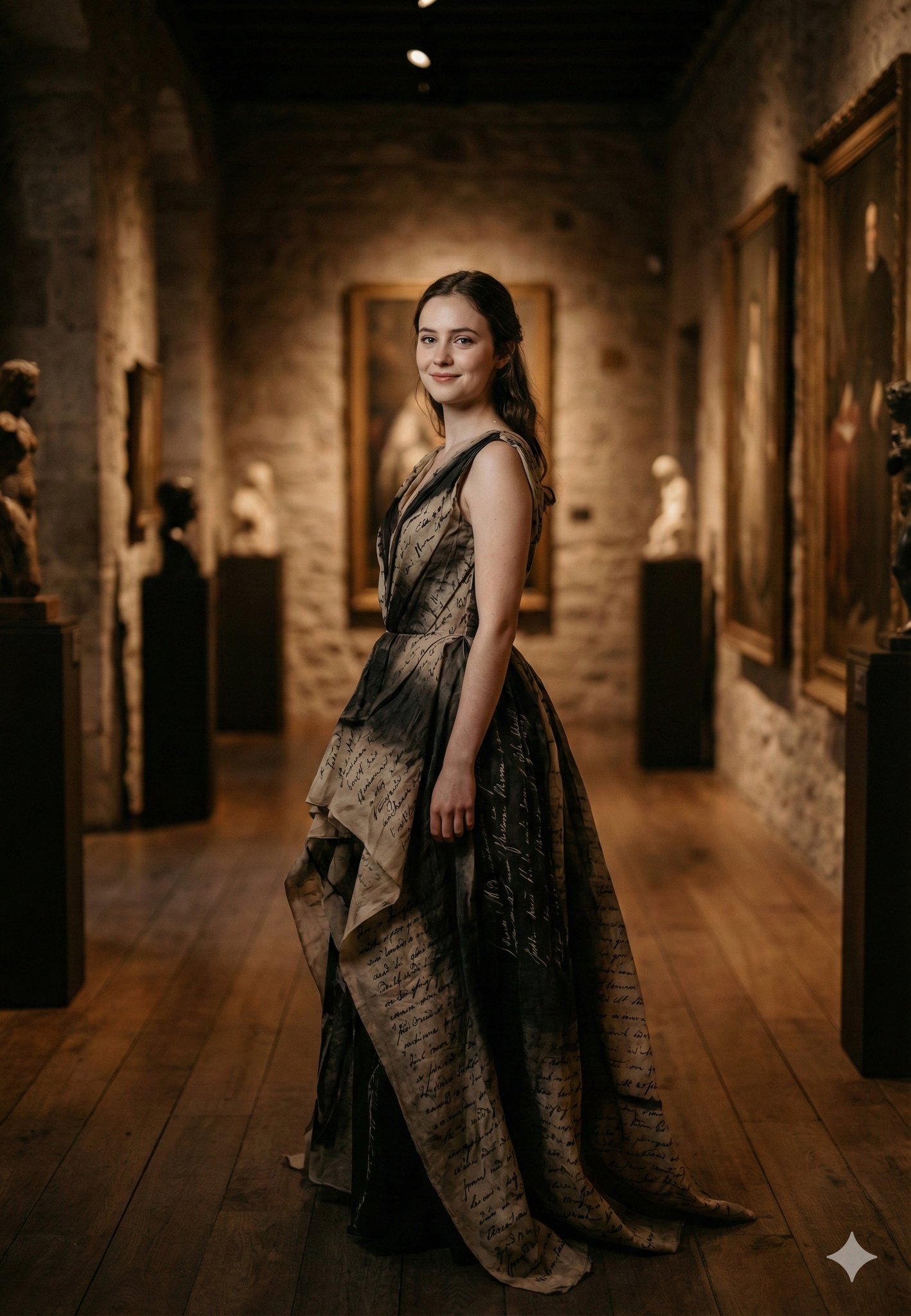 { "model": "Nano Banana Pro", "scene": "Historic art gallery corridor with classical sculptures and…