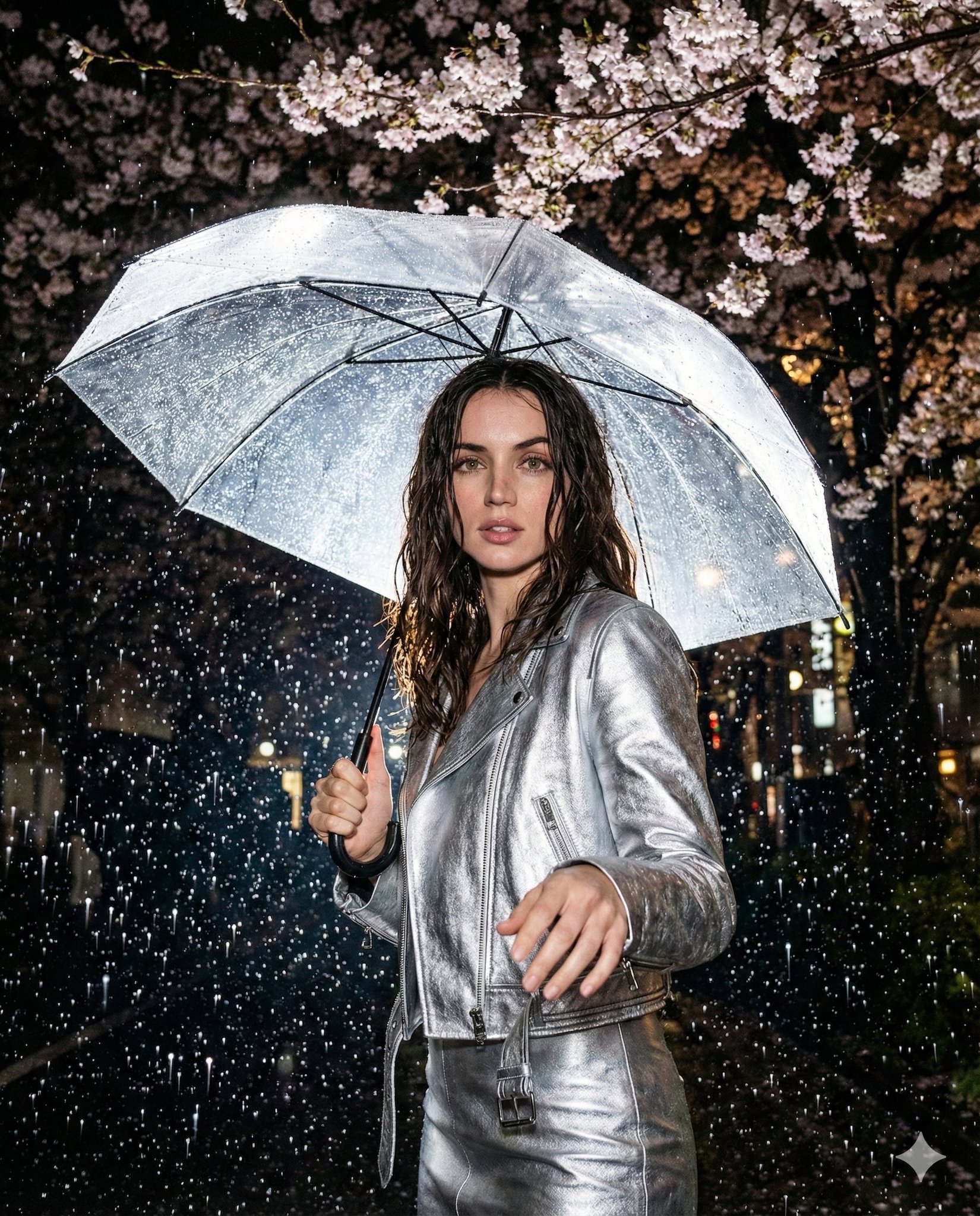 { "prompt": "High-resolution nighttime editorial portrait shot with on-camera flash. A young woman …