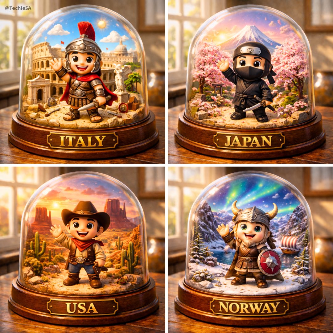 Create a highly detailed, hyper-realistic image of a miniature diorama inside a glass dome, placed …
