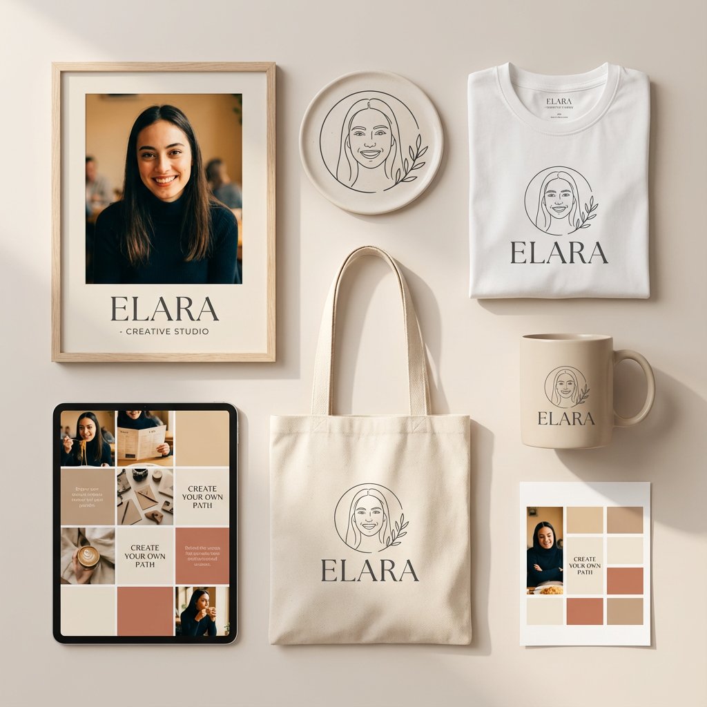 A clean, modern personal branding mockup featuring a cohesive visual identity for a female creator …