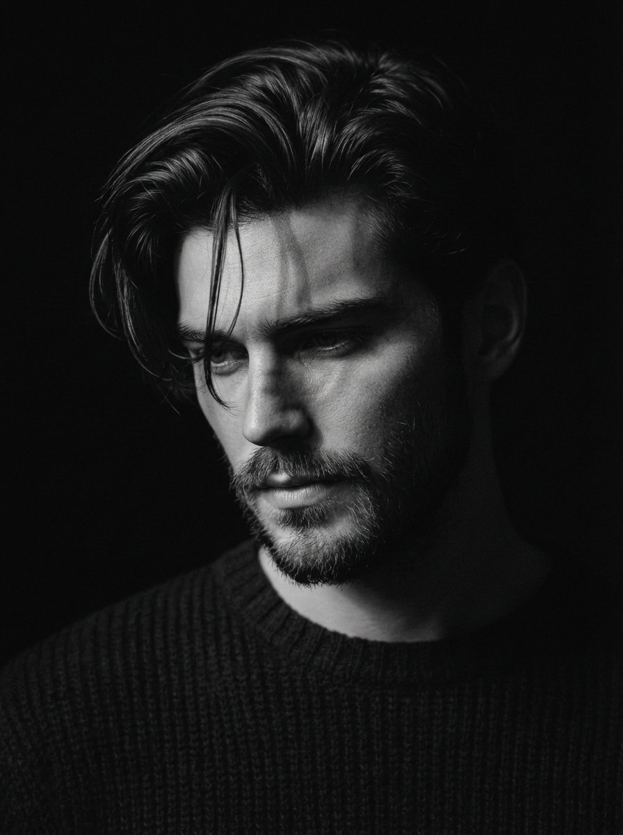Close-up black and white portrait of a man use image face reference with messy hair and a rough bea…