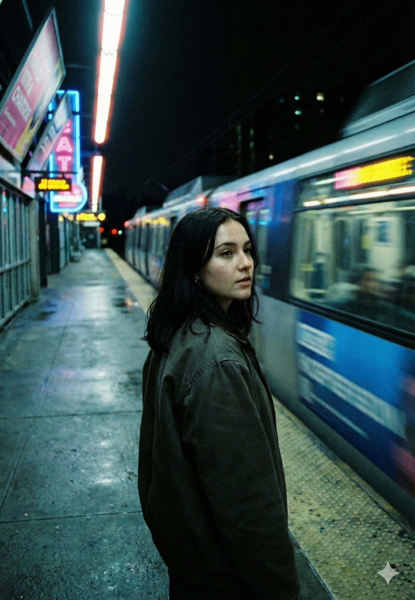 { "model": "Nano Banana Pro", "scene": "Underground metro platform at night with a train rushing pa…