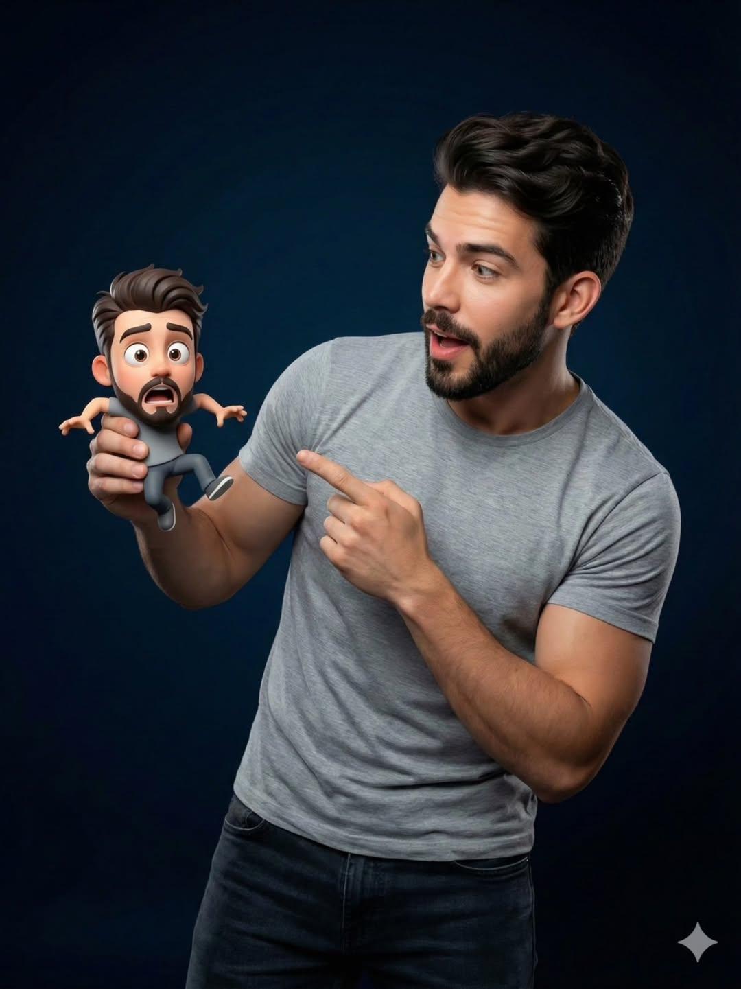 { "Objective": "Create a studio portrait blending a real human with a tiny Pixar-style 3D cartoon v…
