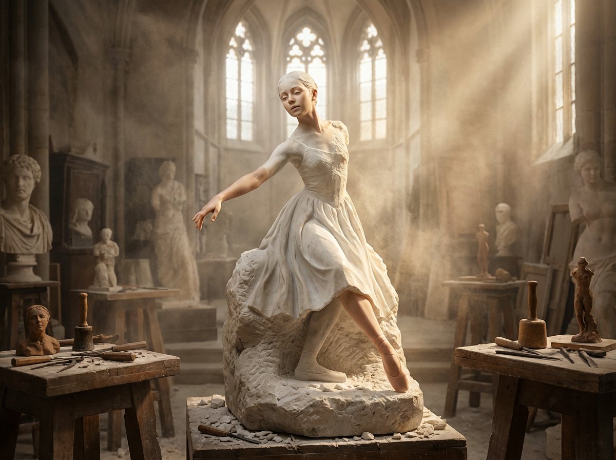 A half-finished marble sculpture in a dusty Renaissance workshop, with the [SUBJECT] emerging from …