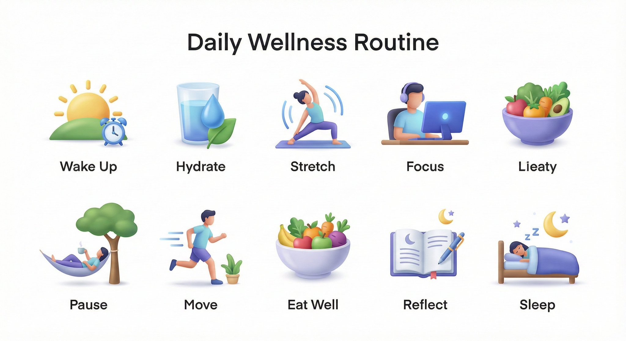 Create a collection of icons representing [ROUTINE / PROCESS / HABITS], with each icon depicting on…