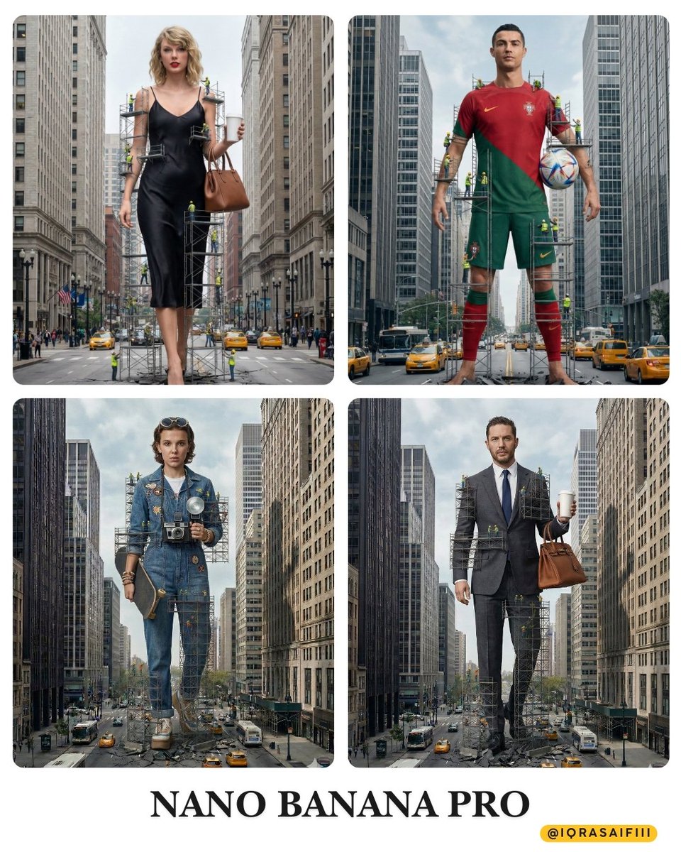 { "description": "A colossal woman standing in a city street, appearing to be 'under construction' …