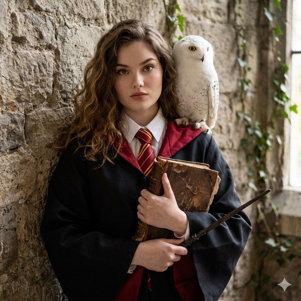 USE UPLOADED PHOTO AS REFERENCE. HOGWARTS-STYLE PHOTOSHOOT. THE GIRL IS POSING, IN A BLACK ROBE, TH…