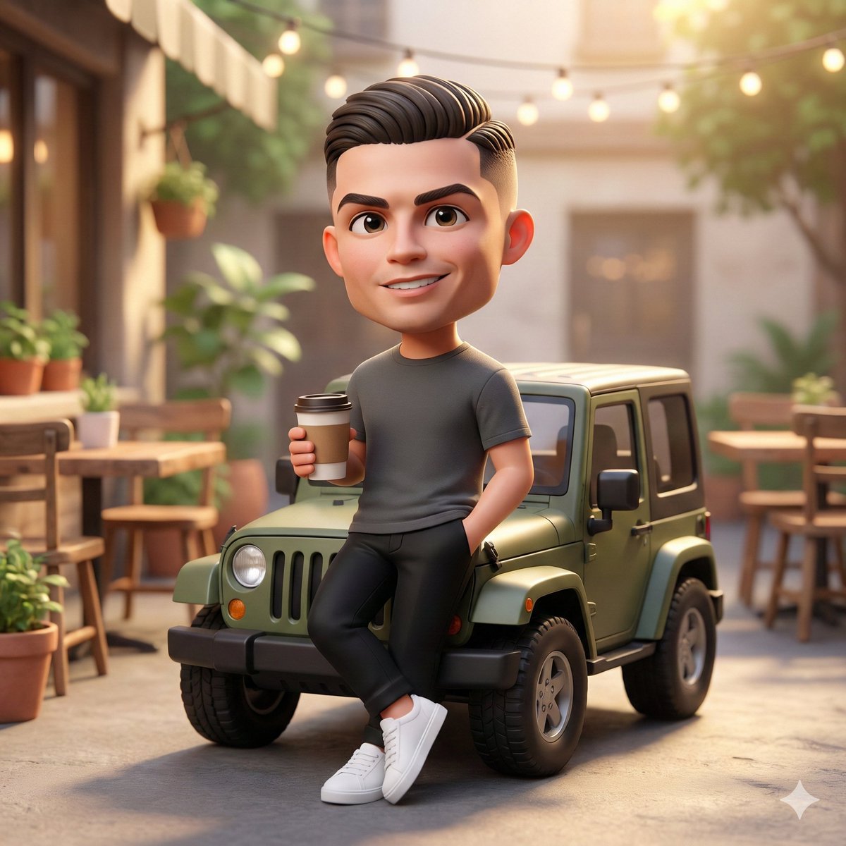 A cute 3D chibi-style character leaning against a parked mini chibi Jeep, wearing a clean monochrom…