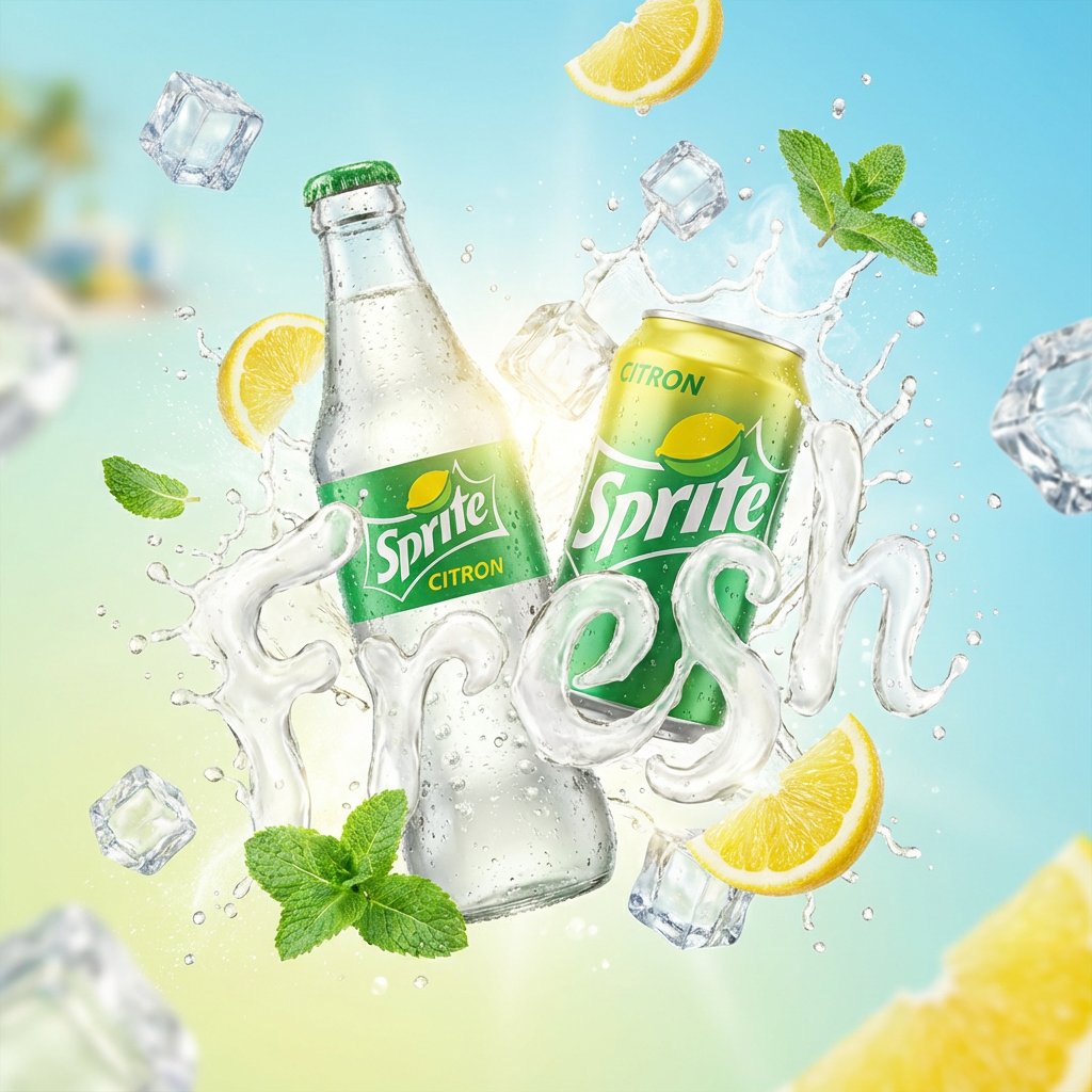 A vibrant, high-end advertising visual of a [PRODUCT NAME] can/bottle floating dynamically in the c…