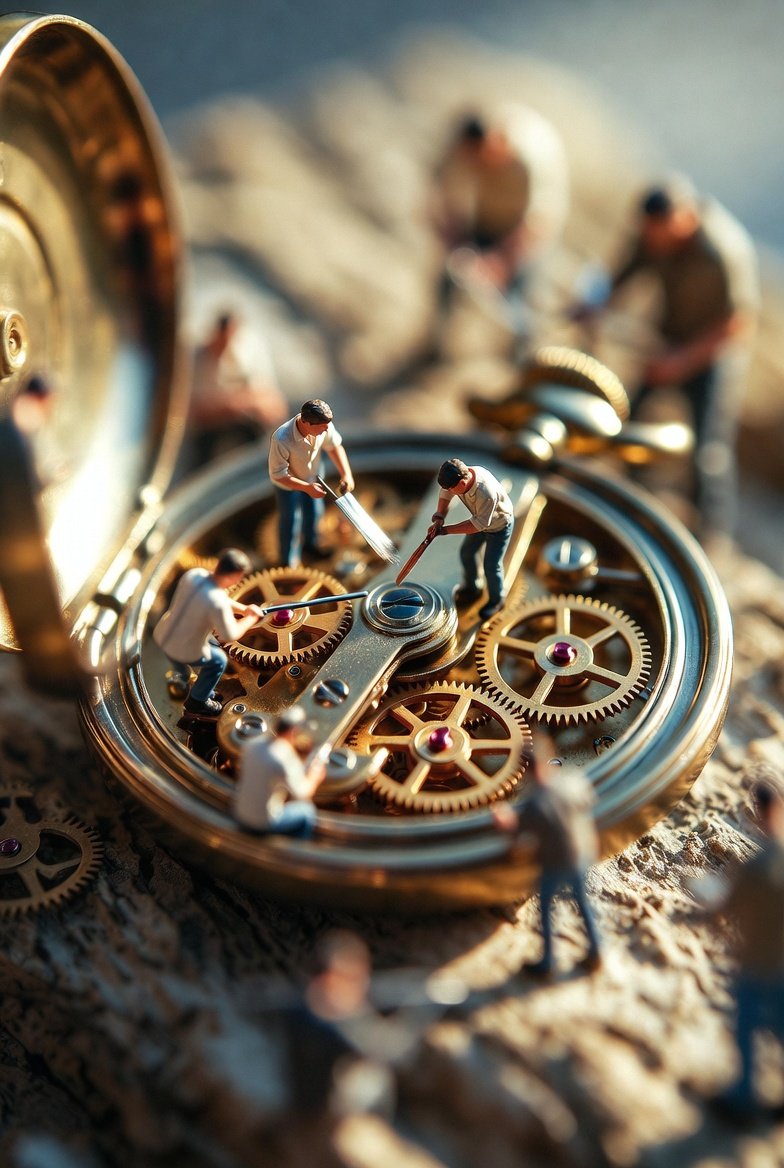 Ultra-realistic macro scene depicting tiny restoration workers collaboratively repairing an antique…