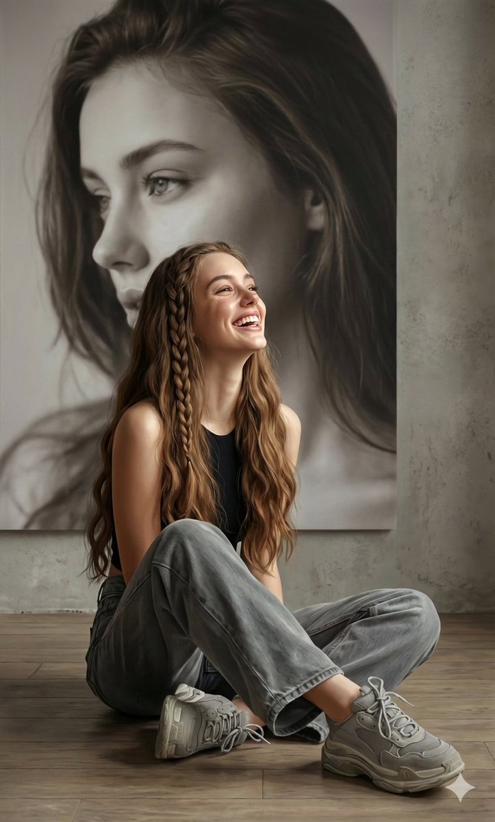 Using the provided photos, create a highly detailed, professional, hyperrealistic art portrait, kee…