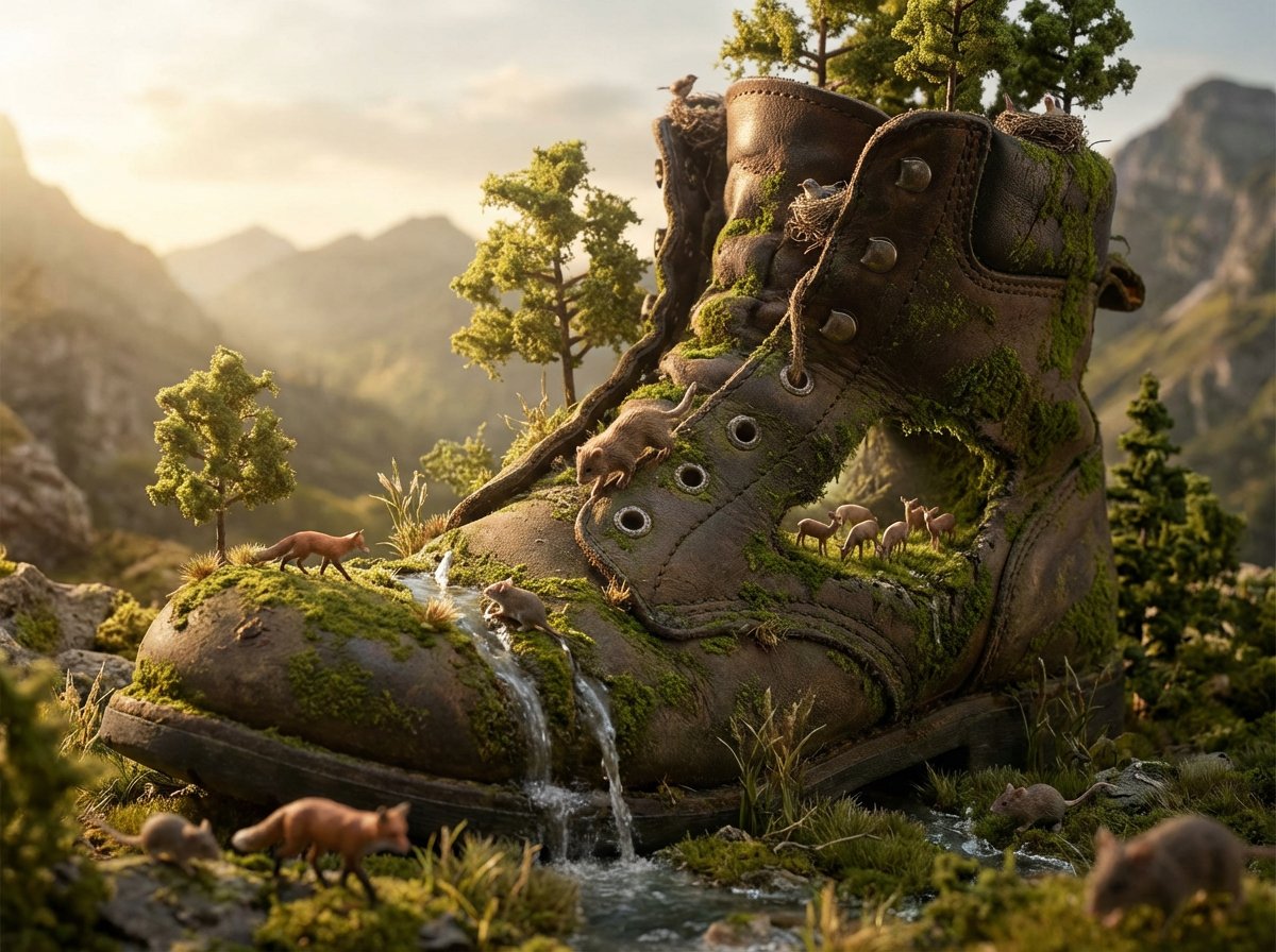A colossal [OBJECT] reimagined as a complete natural biome. Tiny [WILDLIFE] has evolved to inhabit …