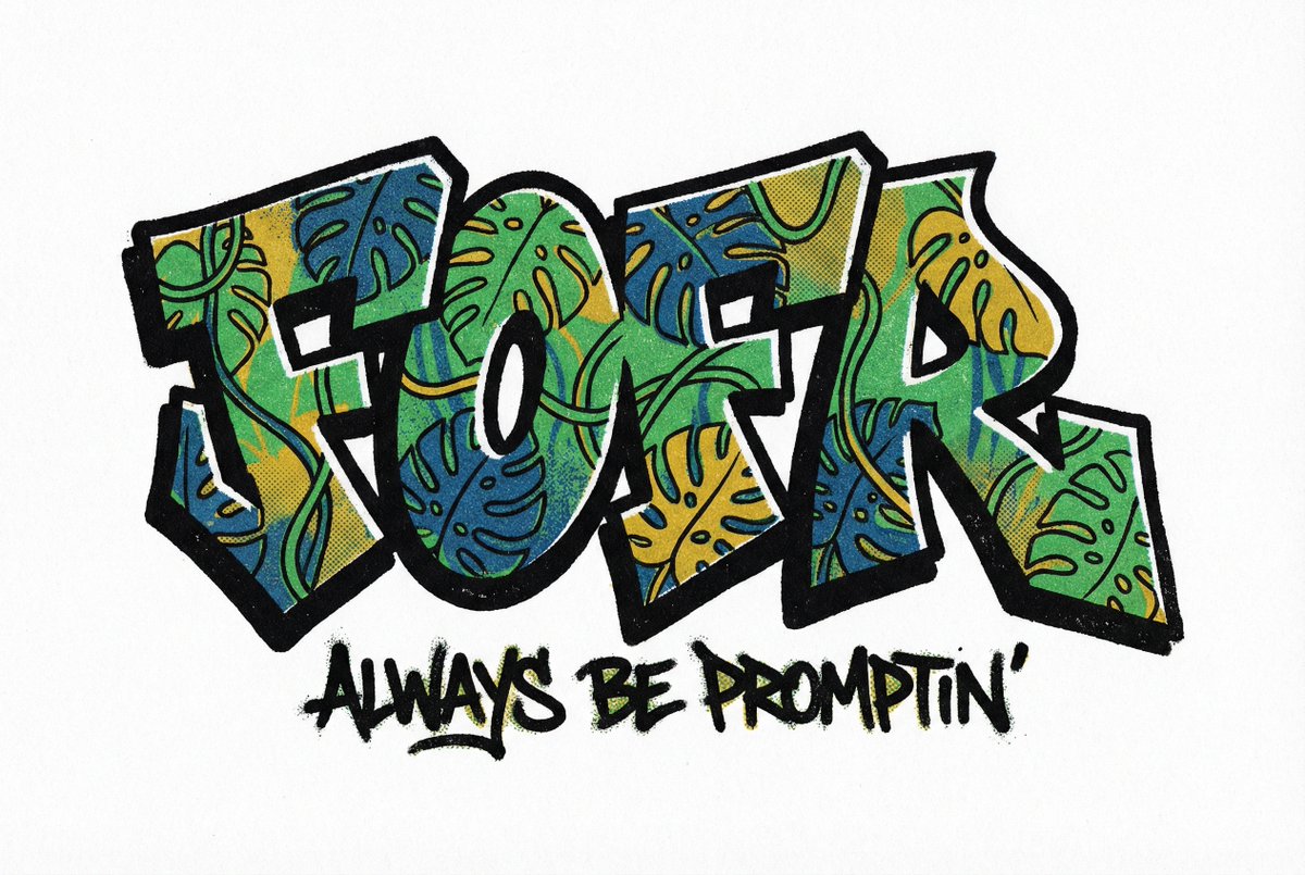 The word fofr as aggressive hard-edge graffiti with a monstera leaf motif, beautifully stylised. Th…
