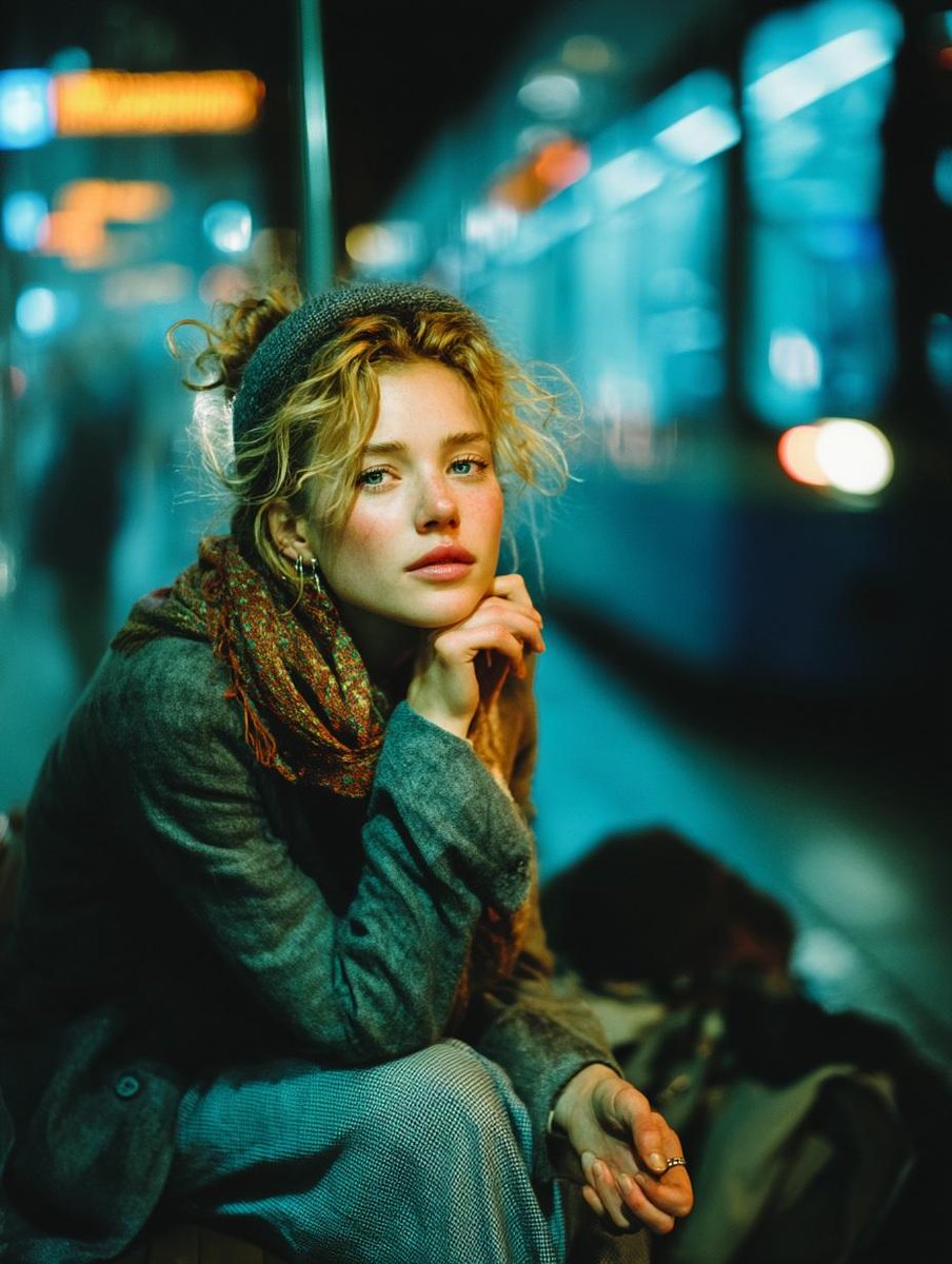 { "Objective": "Create a moody cinematic portrait capturing quiet introspection on a subway platfor…