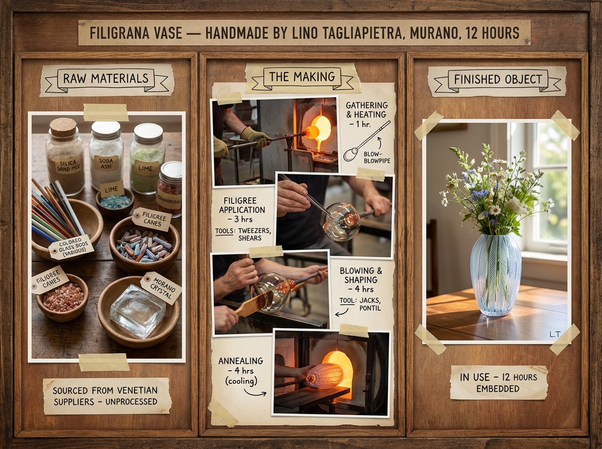 An artisan's method board for [HANDMADE OBJECT] — [TECHNIQUE / TRADITION / ORIGIN]. Left section: r…