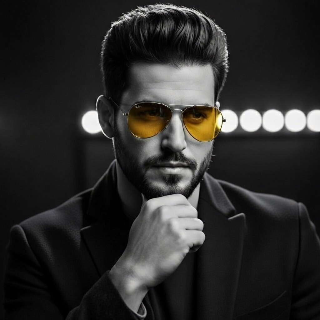 { "objective": "Create a dramatic, high-contrast cinematic portrait of a stylish young man in a pre…