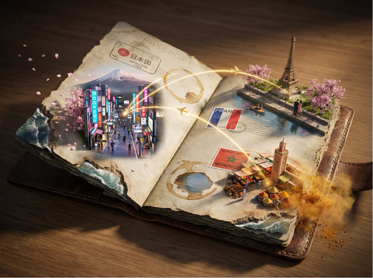 Epic 3D scene: a weathered passport lies open, its visa stamps erupting into the destinations they …