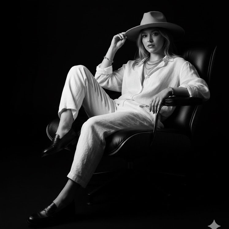 { "prompt": "Hyper-realistic 8K black-and-white studio portrait captured as a medium shot from a sl…