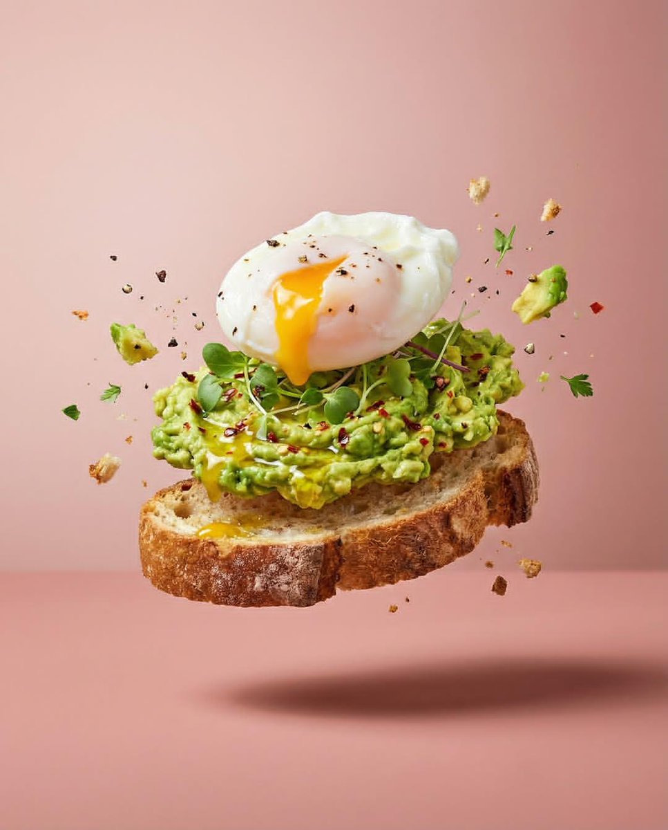Professional studio food photography series featuring deconstructed dishes in high-speed levitation…