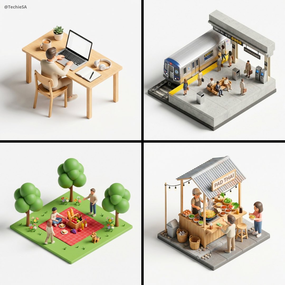 Create a 45° top-down isometric miniature 3D diorama of [SCENE], including all key objects and tiny…