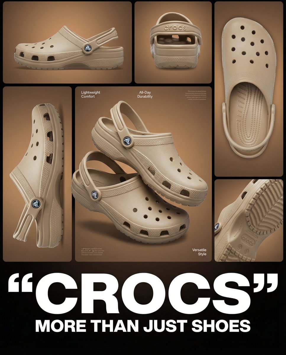 Multi-image product collage poster featuring beige/tan Crocs clog shoes, designed as a modern footw…