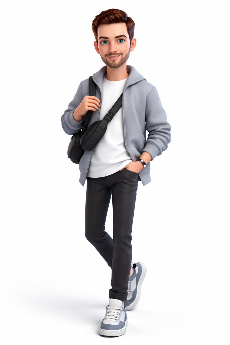 A full-body 3D stylized cartoon boy, Pixar/Disney-inspired character design, cute and modern look, …