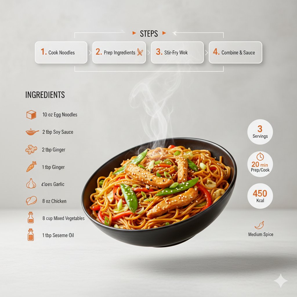 Ultra-clean modern recipe infographic. Showcase chowmin in a visually appealing finished form slice…