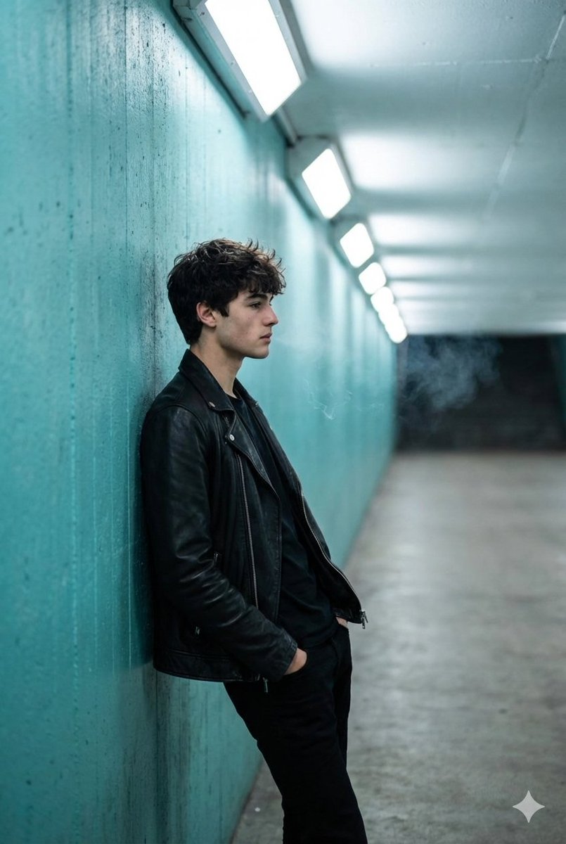 A full shot captures a young man in profile, leaning against a textured turquoise wall inside a bri…