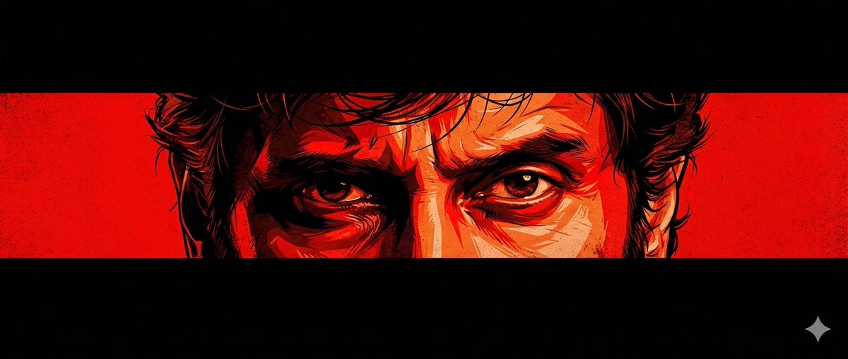 A cinematic poster-style artwork featuring an intense close-up of a man’s eyes centered horizontall…