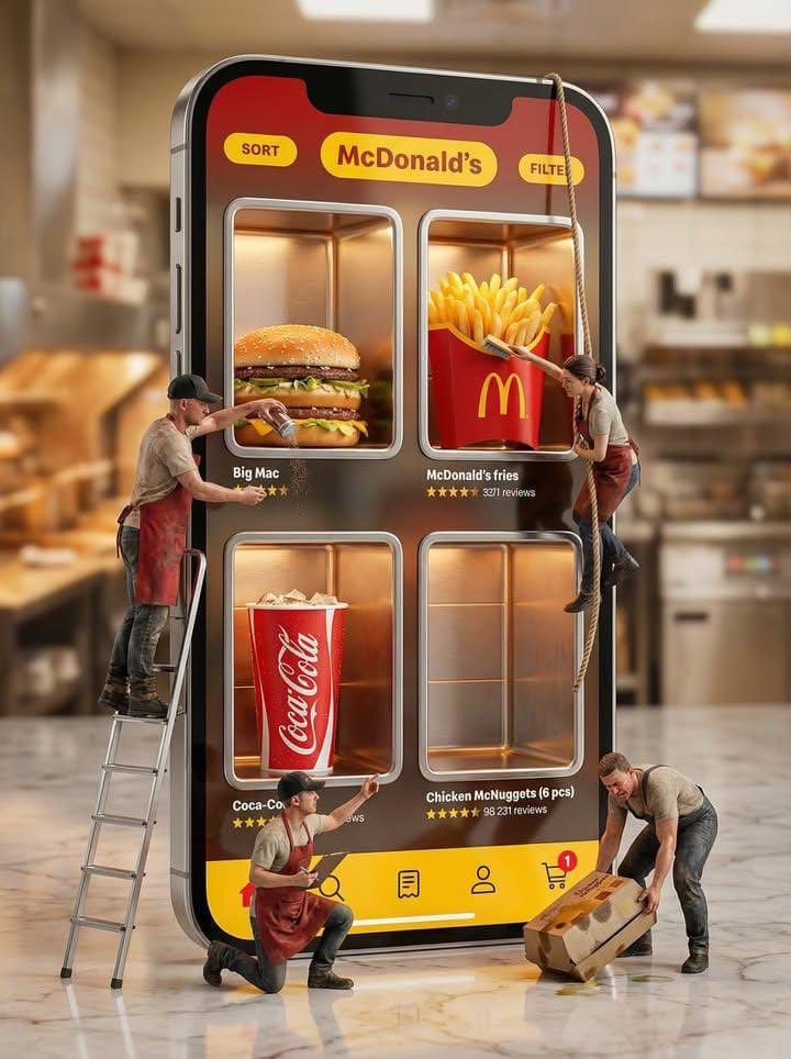 Ultra-realistic creative advertising scene showing a giant smartphone displaying a McDonald’s food-…