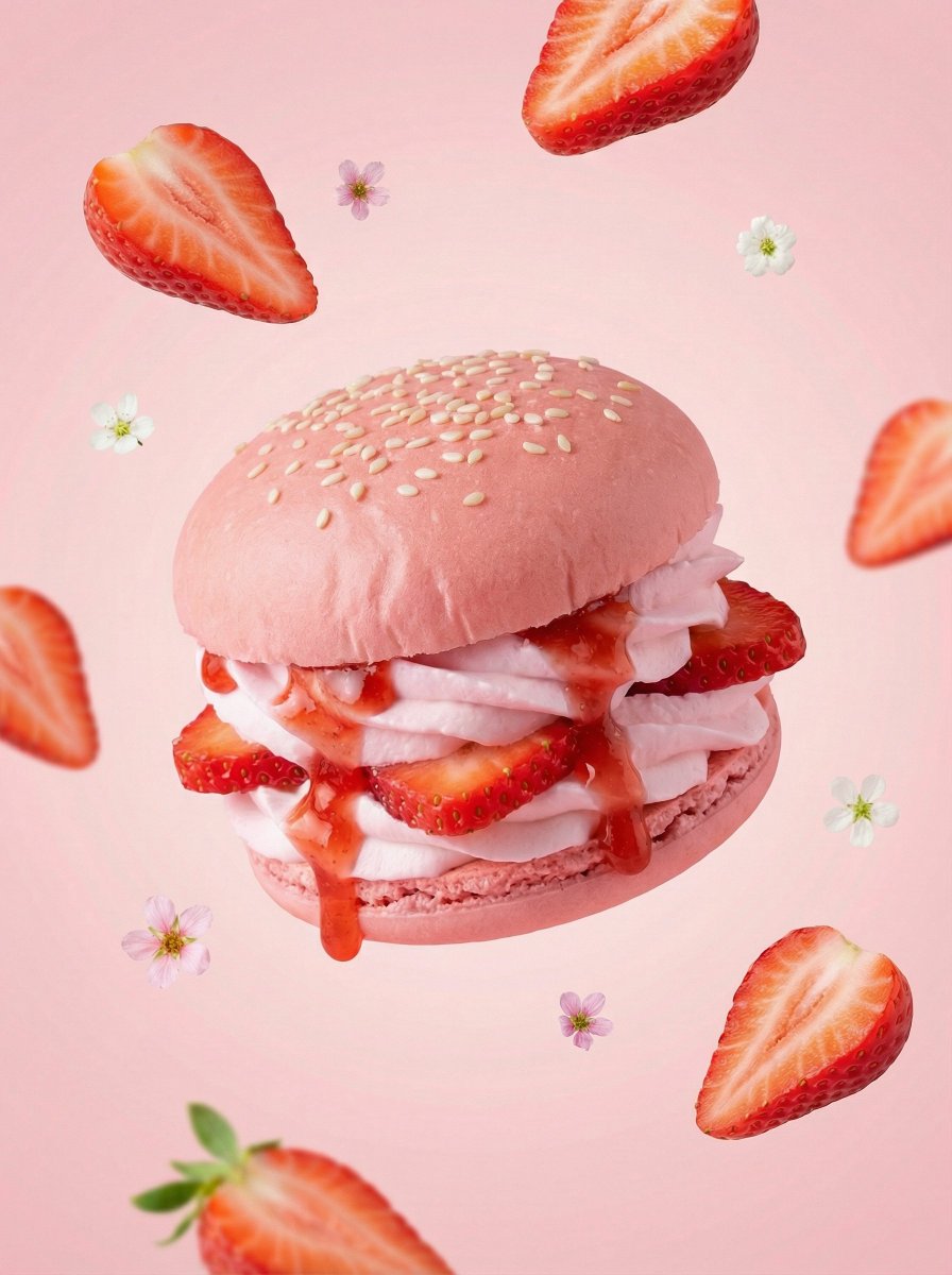 A hyper-realistic {FRUIT} dessert burger, centered composition, soft pastel {FRUIT_COLOR} color pal…