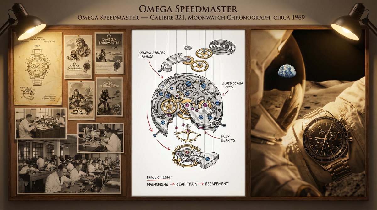 A master watchmaker's documentation board for [TIMEPIECE] — [MANUFACTURE / COMPLICATION / YEAR]. Le…