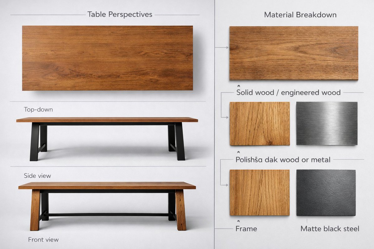 Profile of the table to show leg design, table height, and tabletop thickness