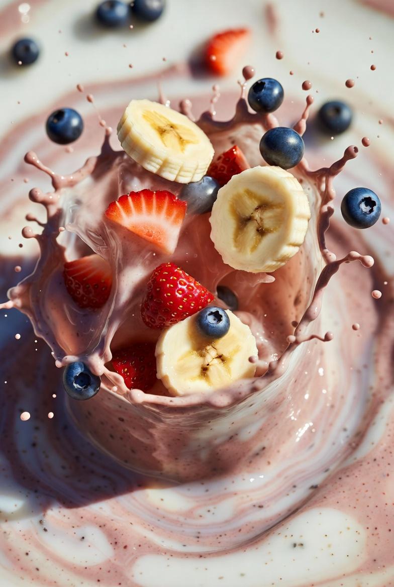 Ultra-realistic smoothie explosion, banana slices, strawberry pieces, blueberry splash, chia seeds,…