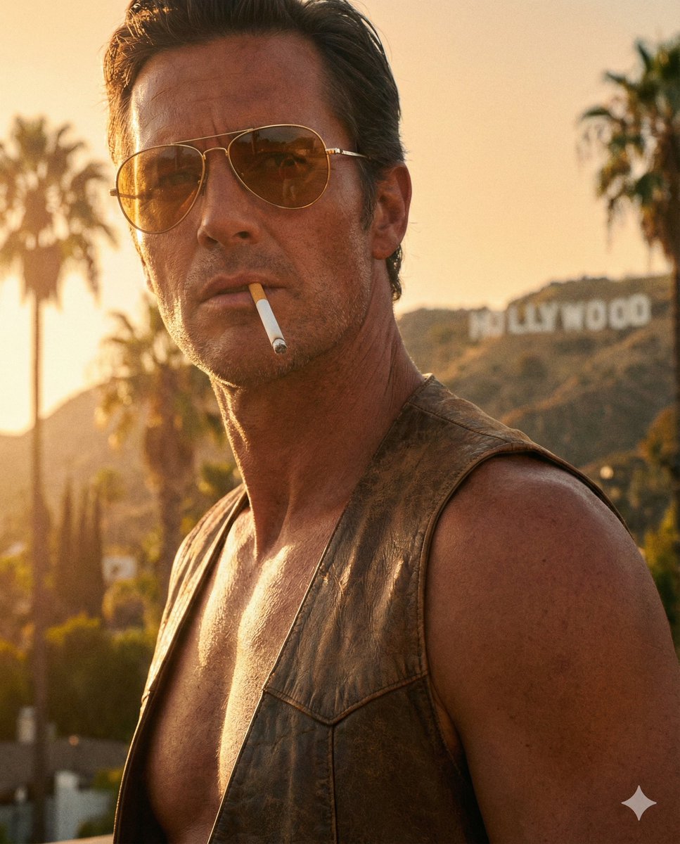 Shirtless male subject, hyper-realistic skin texture, deep tan, 1970s Hollywood aesthetic, vintage …