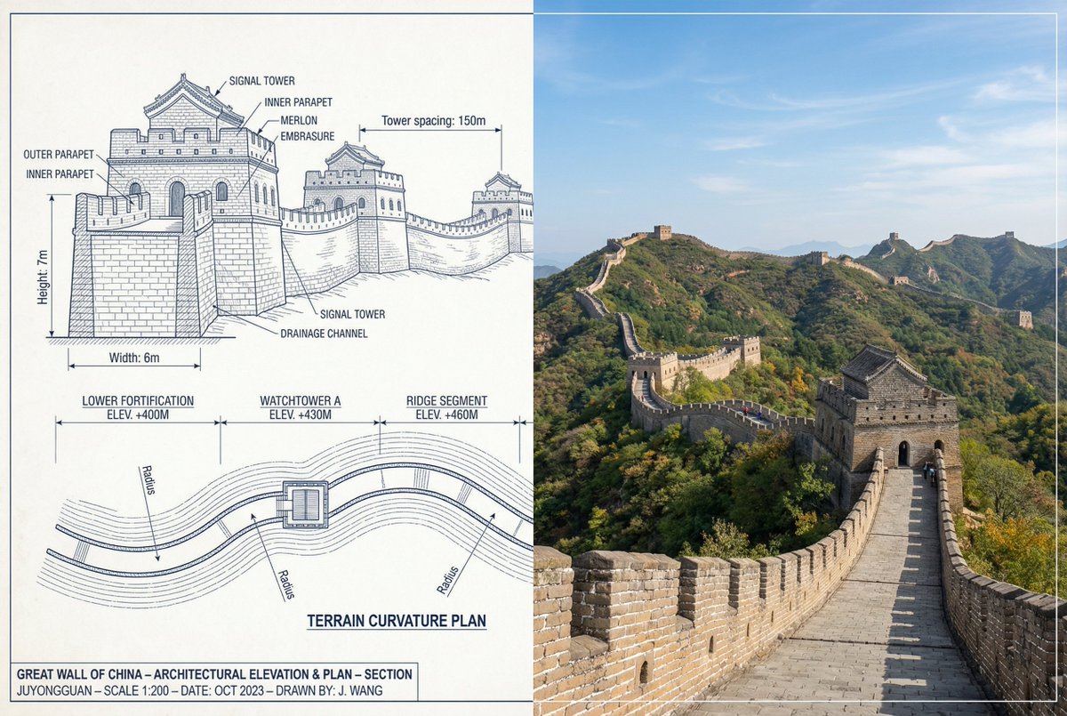 { "objective": "Create a side-by-side comparison image featuring a technical sketch and real photog…