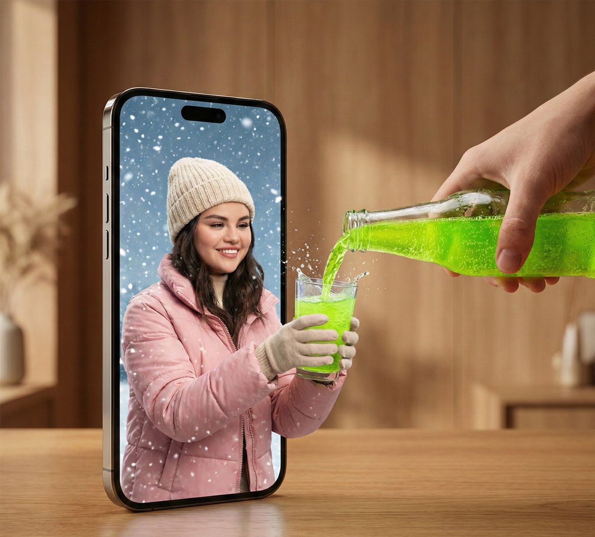 A hyper-realistic surreal photograph of a modern smartphone lying flat on a wooden table, its scree…
