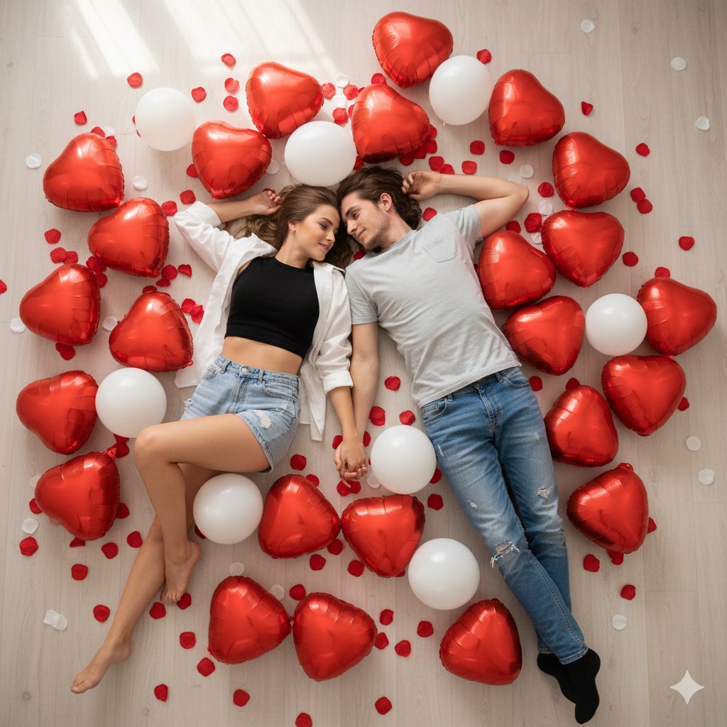 A hyper-realistic 8k high-angle overhead shot, captured with a wide-angle lens, presents a romantic…
