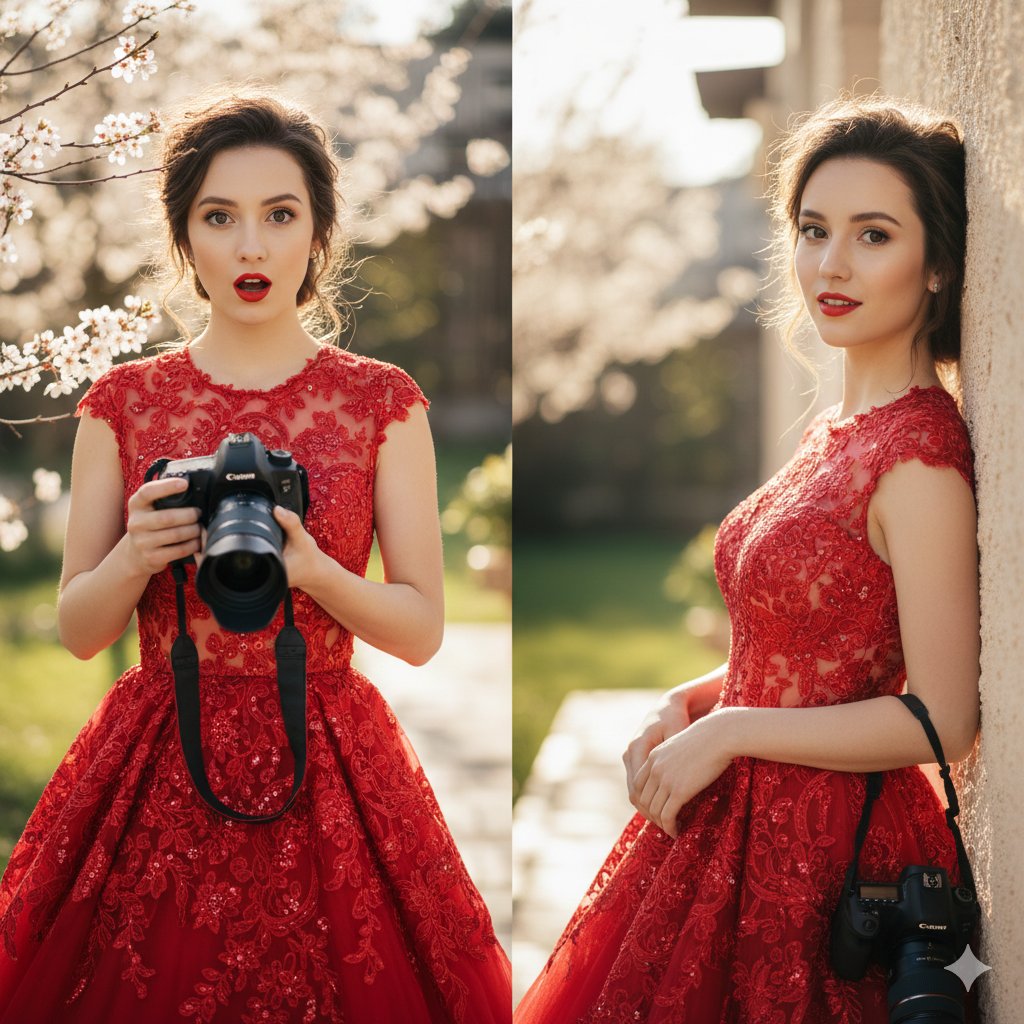 A young woman with an elegant, polished look. In one frame, she has an expressive, surprised "O" fa…