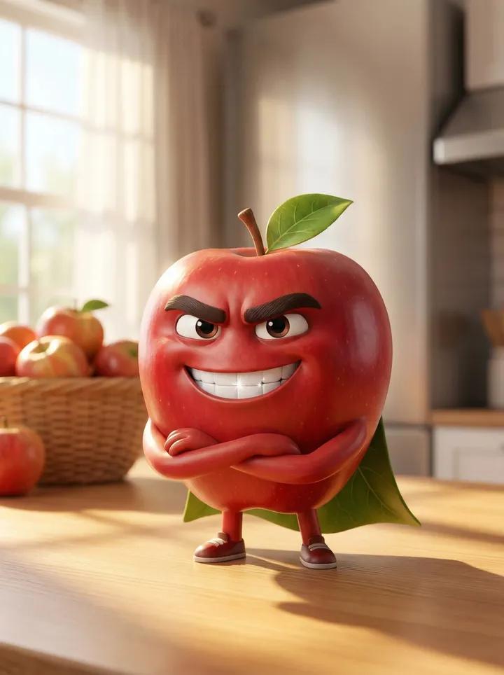 A Pixar-style 3D animated character of a single red apple. Handsome male character with sharp confi…
