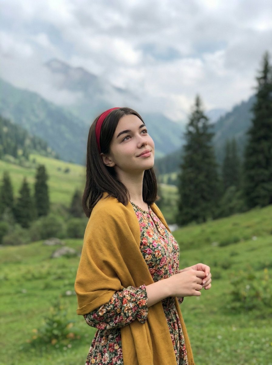 young woman standing in a lush green mountain valley
